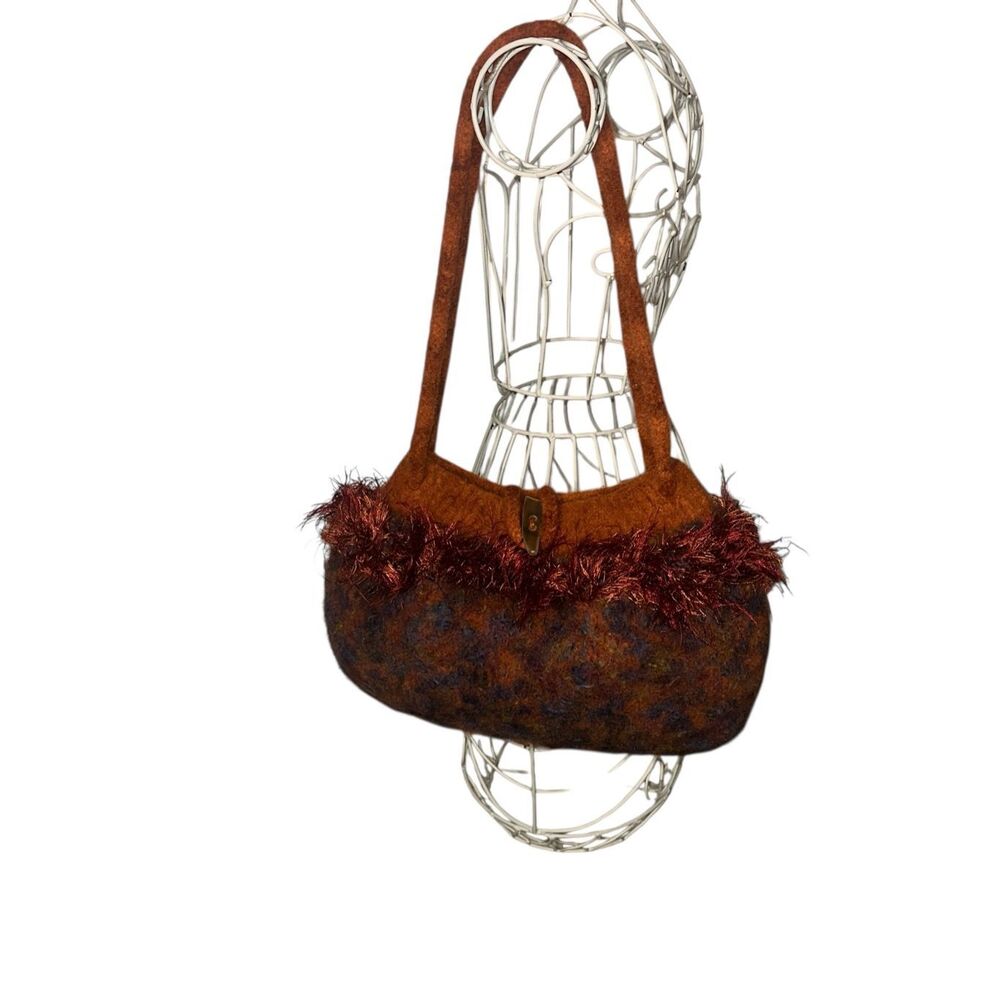 STUNNING RARE Vintage style UNIQUE Felted Wool Shoulder Bag, Orange Colorblock D